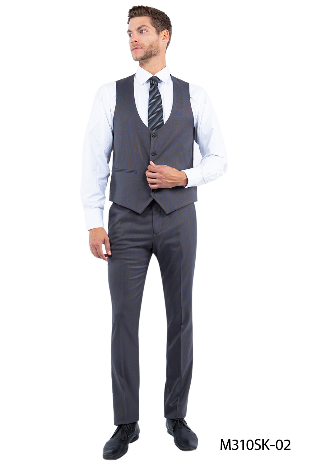 Solid Grey Nail Head Fabric Peak Lapel 3 Piece Hybrid Fit Sean Alexander Men's Suit