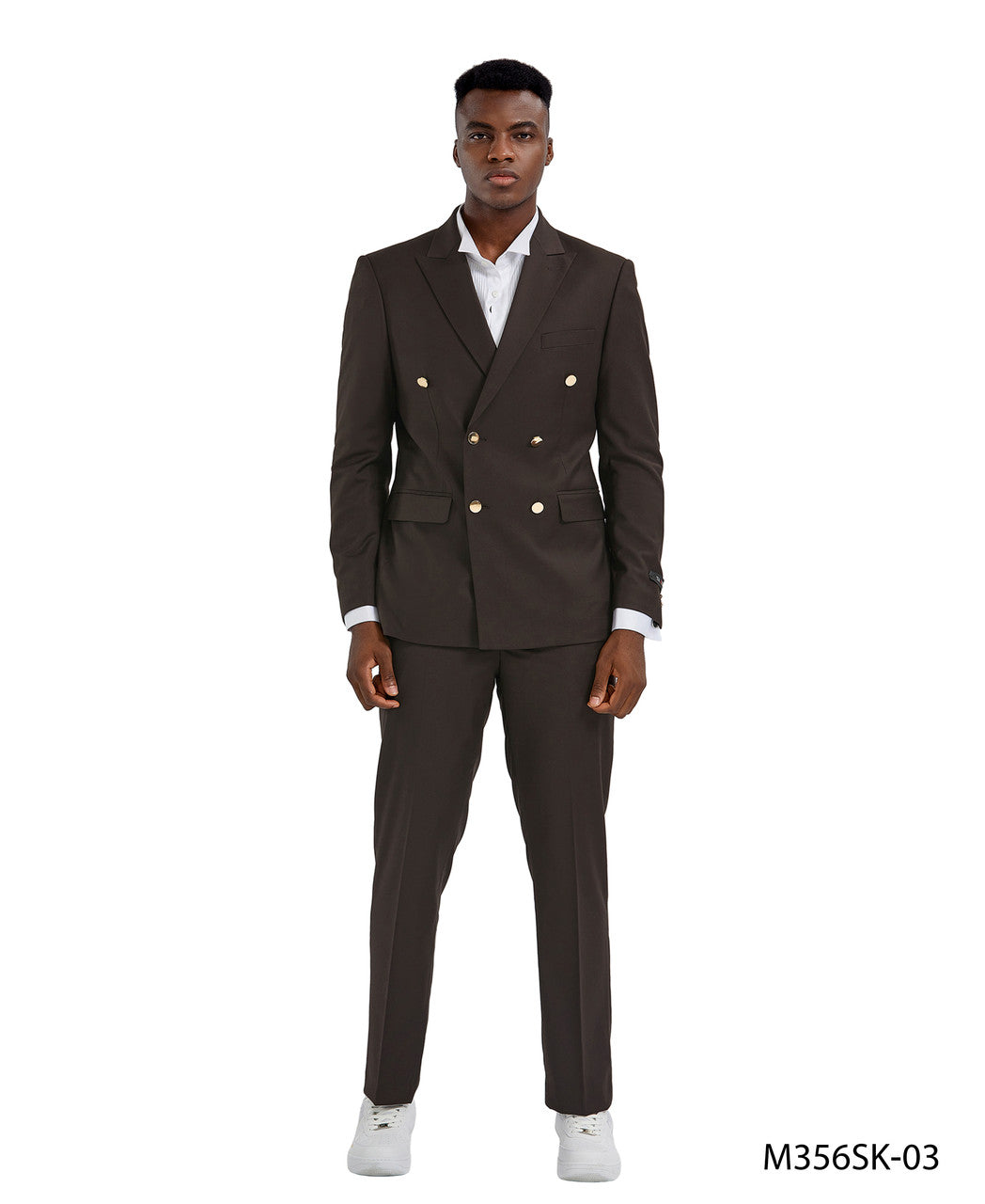 Brown Double Breasted Gold Buttons Peak Lapel 2 Piece Skinny Fit Tazzio Men's Suit