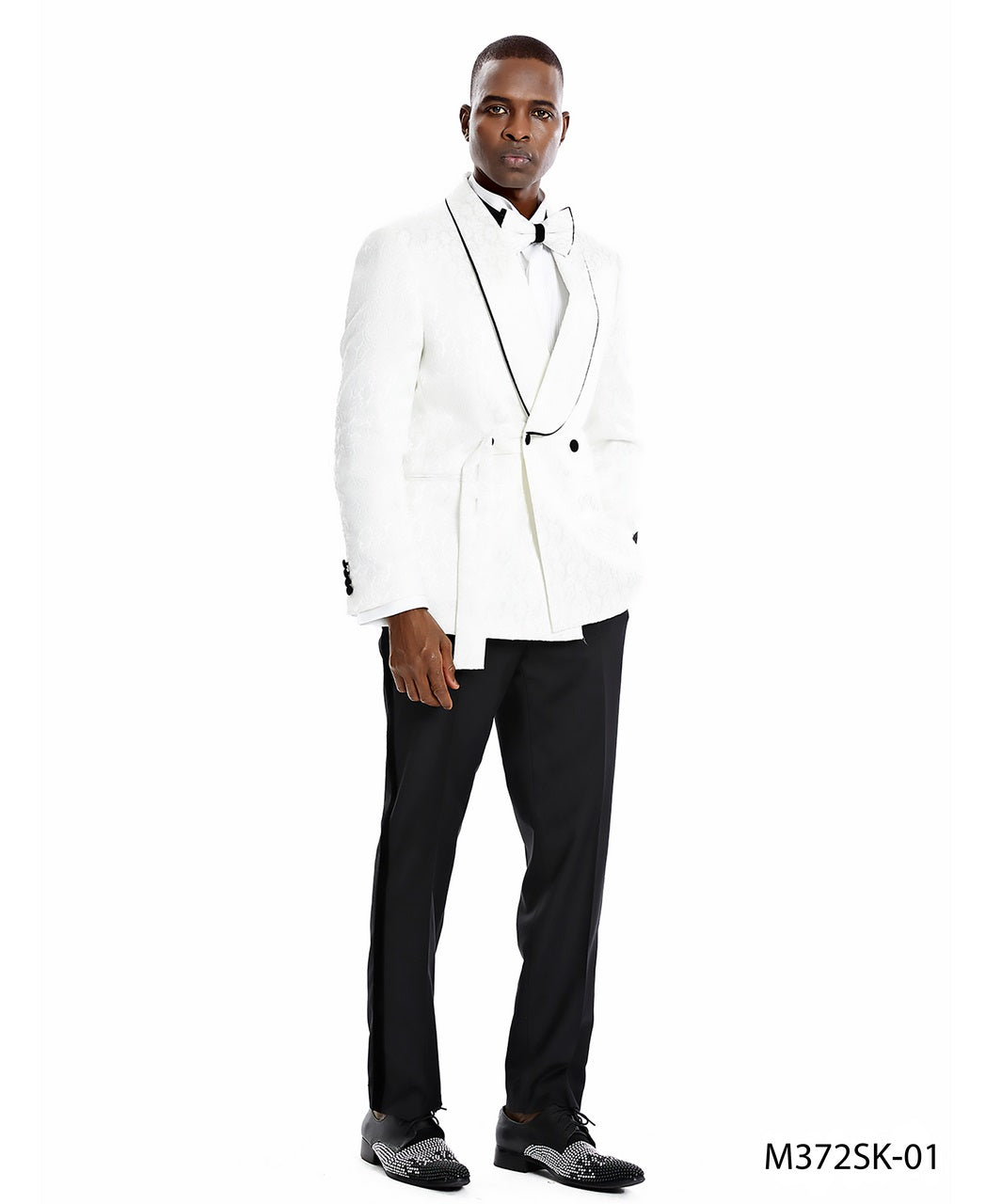 White/Black Paisley Double Breasted Shawl Lapel 2 Piece Skinny Fit Tazzio Men's Suit