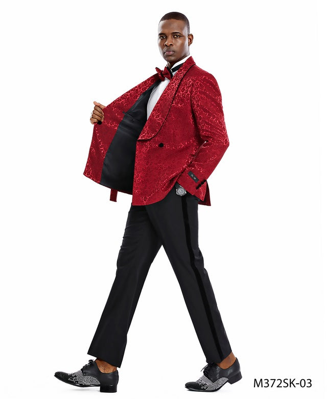 Burgundy/Black Paisley Double Breasted Shawl Lapel 2 Piece Skinny Fit Tazzio Men's Suit