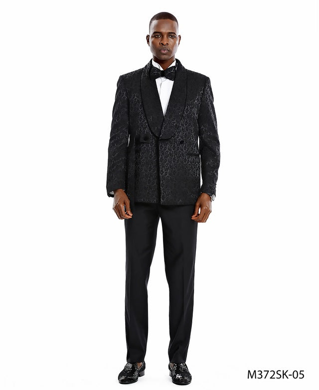 Black/Black Paisley Double Breasted Shawl Lapel 2 Piece Skinny Fit Tazzio Men's Suit