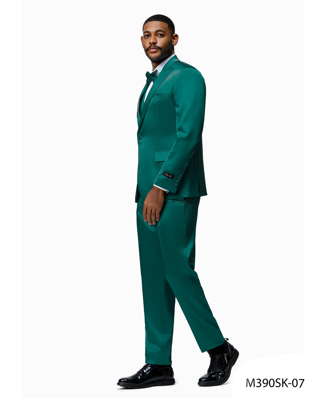 Green Satin Texture Double Breasted Vest Peak Lapel 3 Piece Skinny Fit Tazzio Men's Suit With Matching Bowtie