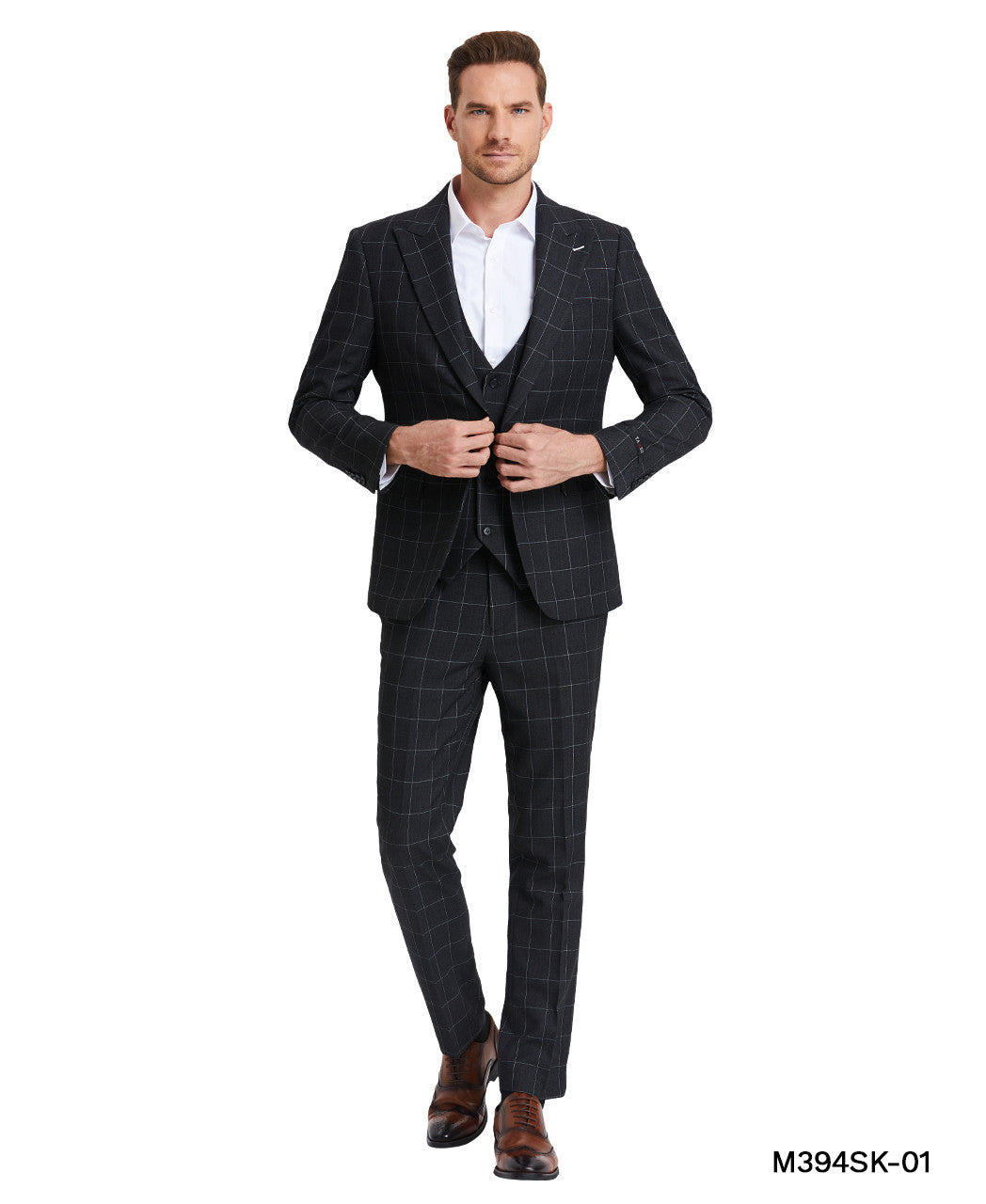 Charcoal Windowpane Wide Peak Lapel 3 Piece Skinny Fit Men's Suit