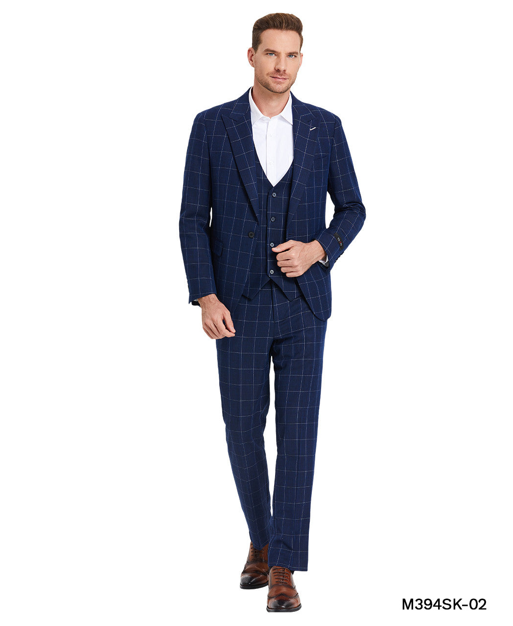 Blue Windowpane Wide Peak Lapel 3 Piece Skinny Fit Men's Suit