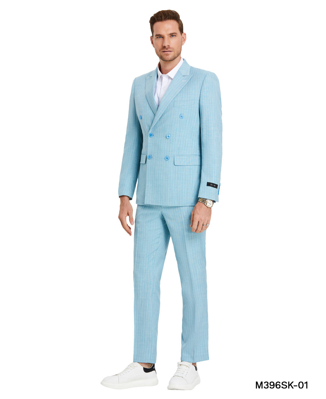 Teal Double Breasted Pinstriped Wide Peak Lapel 2 Piece Skinny Fit Tazzio Men's Suit