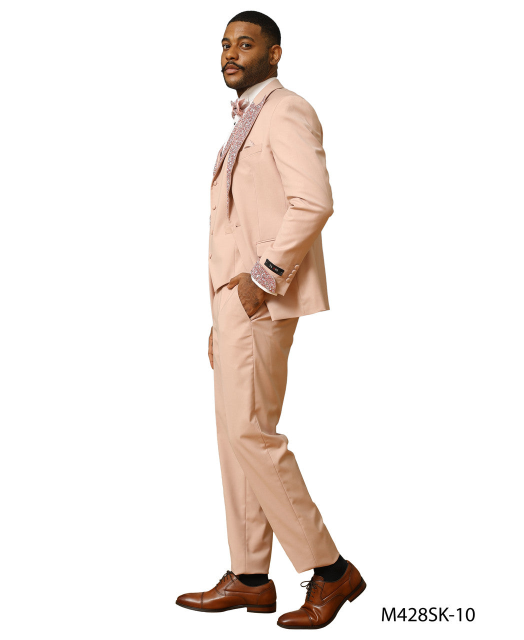 Rose Gold Stoned Peak Lapel 3 Piece Skinny Fit Men's Suit W/ Matching Bowtie