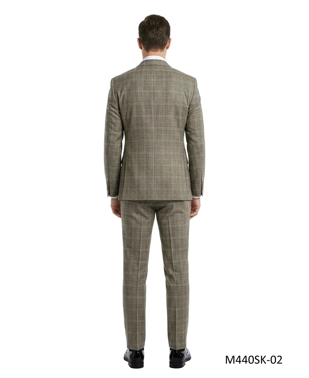Tan Double Breasted Peak Lapel Windowpane Plaid 2 Piece Skinny Fit Men's Suit