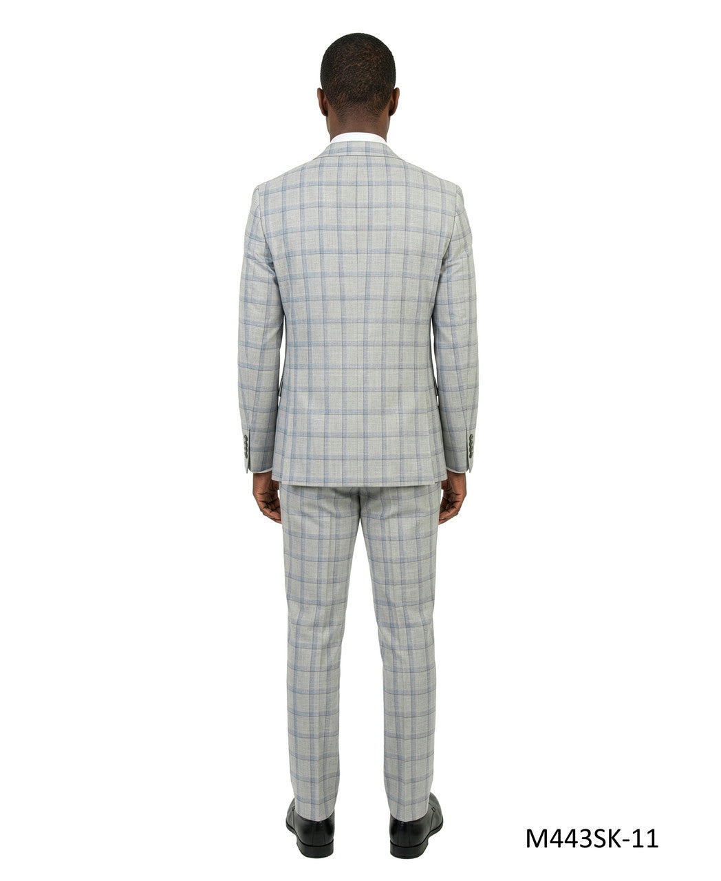 Grey / Blue Plaid Notch Lapel 3 Piece Skinny Fit Men's Suit
