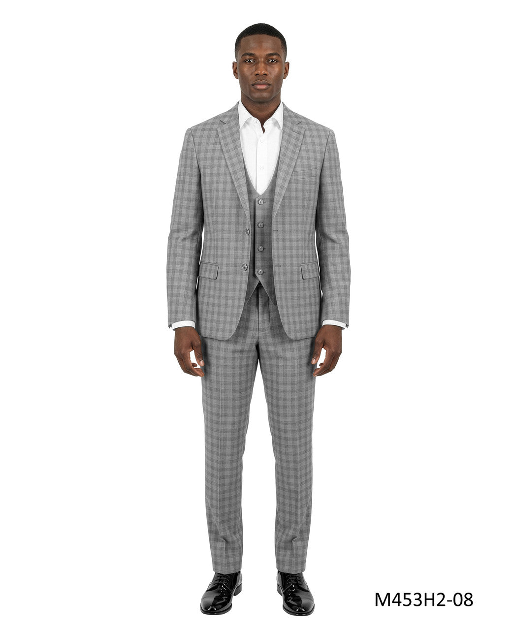 Light Grey Windowpane Plaid Notch Lapel 3 Piece Men's Suit