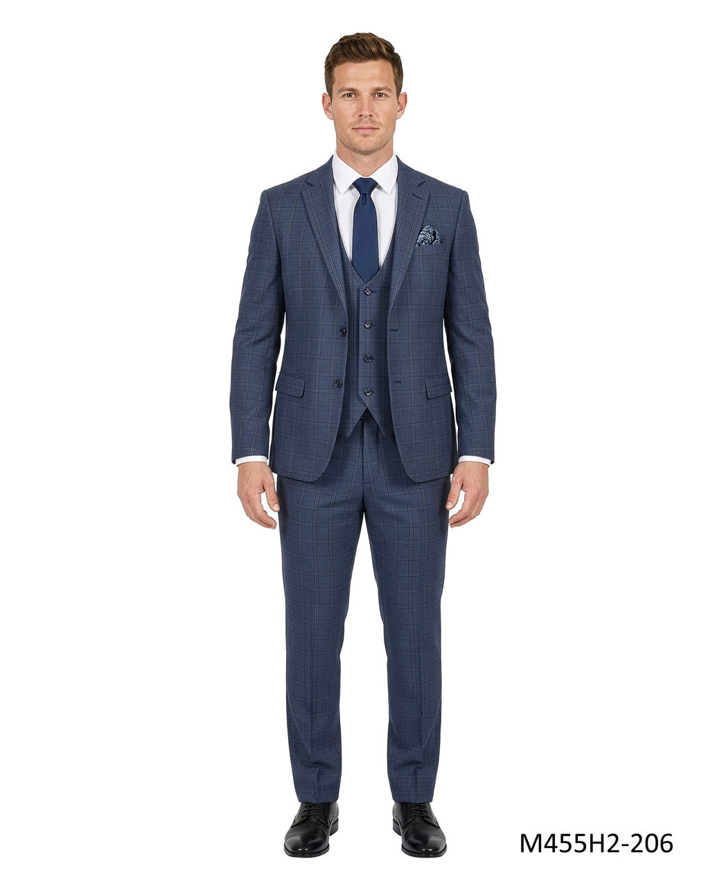 Navy Windowpane Plaid Notch Lapel 3 Piece Men's Suit