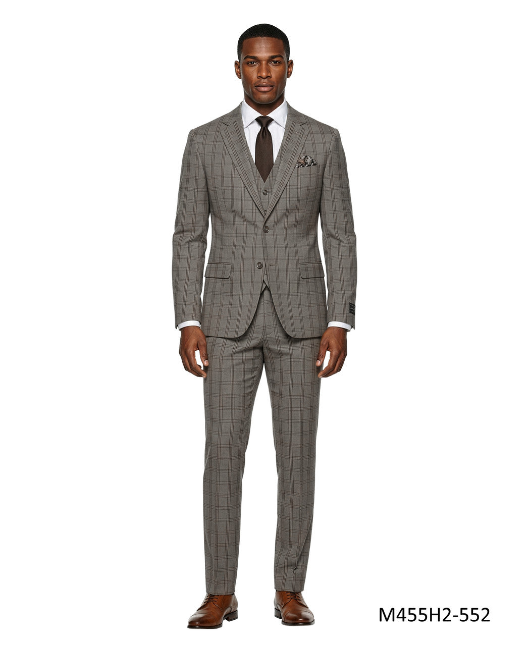 Tan Windowpane Plaid Notch Lapel 3 Piece Men's Suit