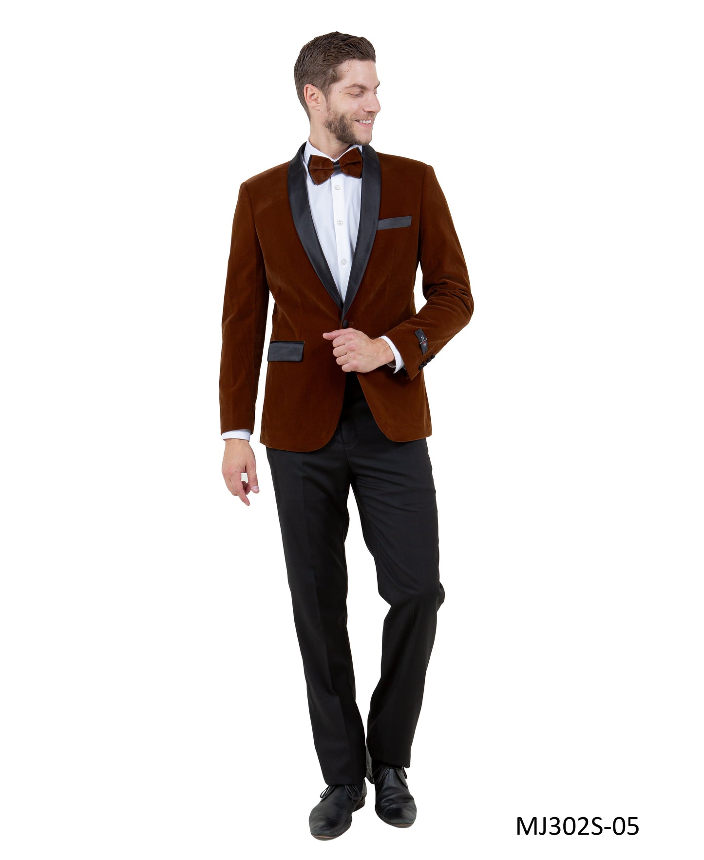 Camel Velvet Satin Shawl Lapel Slim Fit Tazzio Men's Jacket With Matching Bowtie