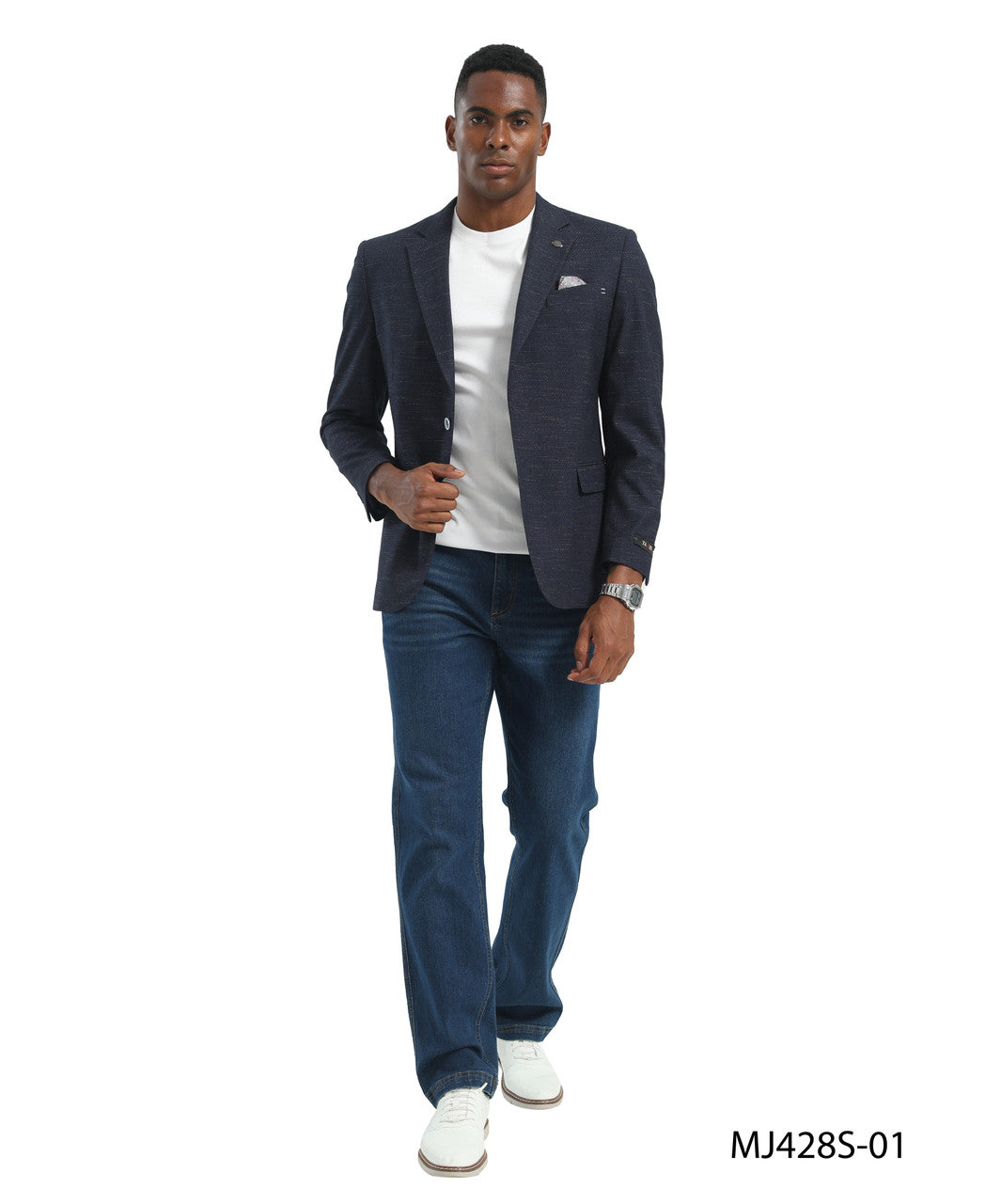 Navy Textured Knit Check Notch Lapel Slim Fit Tazzio Men's Jacket