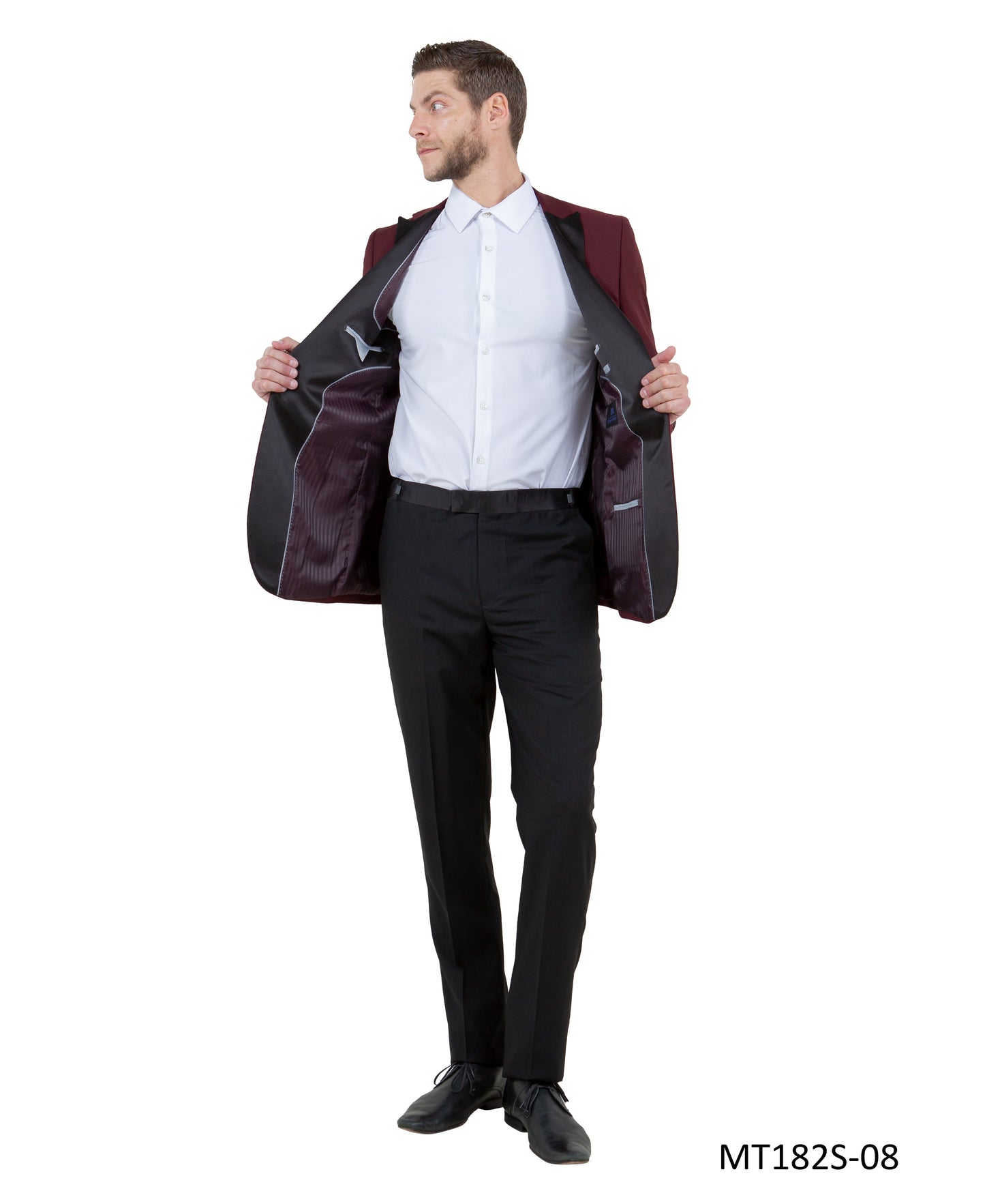 Burgundy on Black Satin Peak Lapel With Black Pants Slim Fit 2 Piece Bryan Michaels Men's Tuxedo