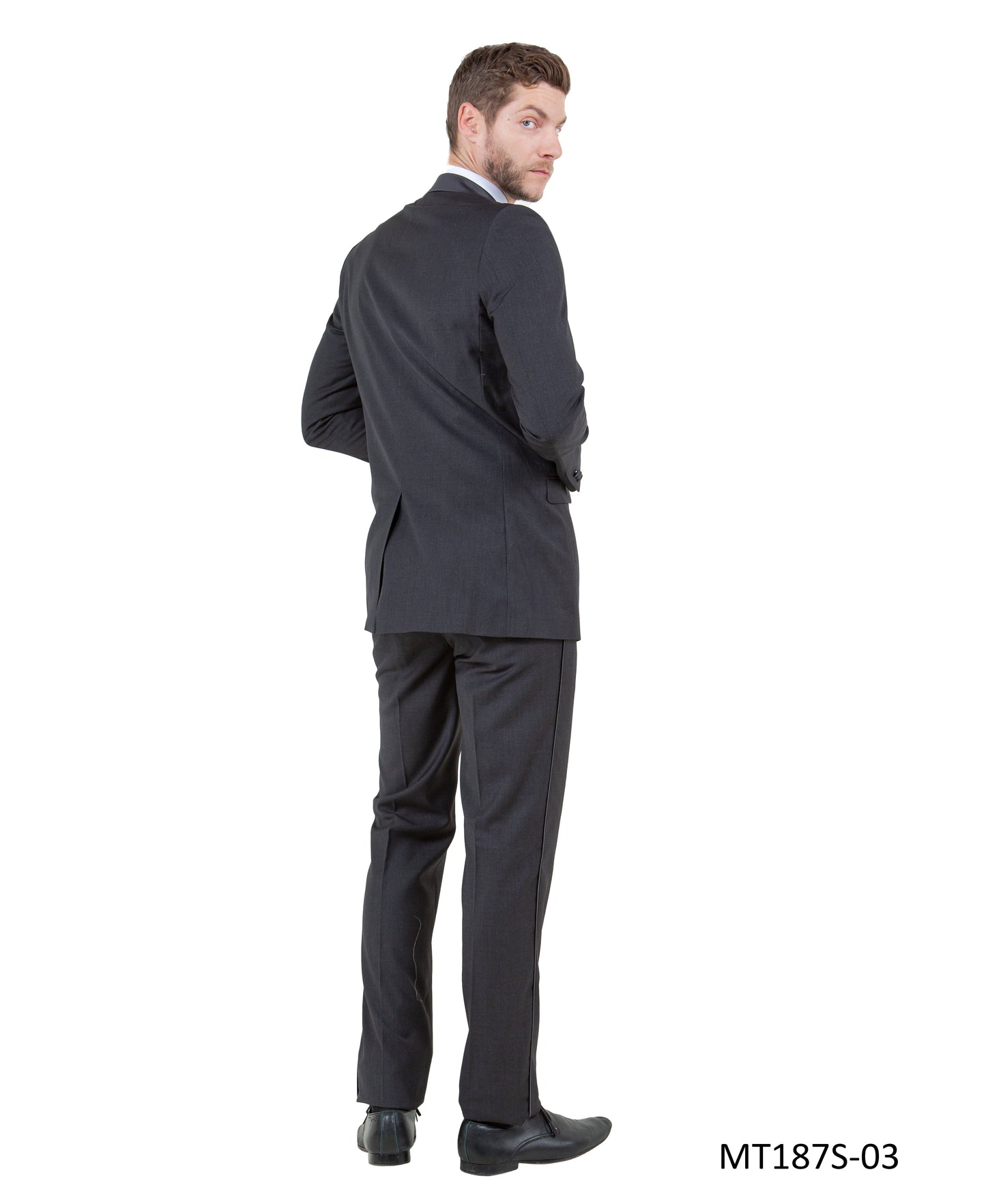 Dark Grey on Dark Grey Satin Peak Lapel With Fabric Trim Slim Fit 2 Piece Bryan Michaels Men's Tuxedo