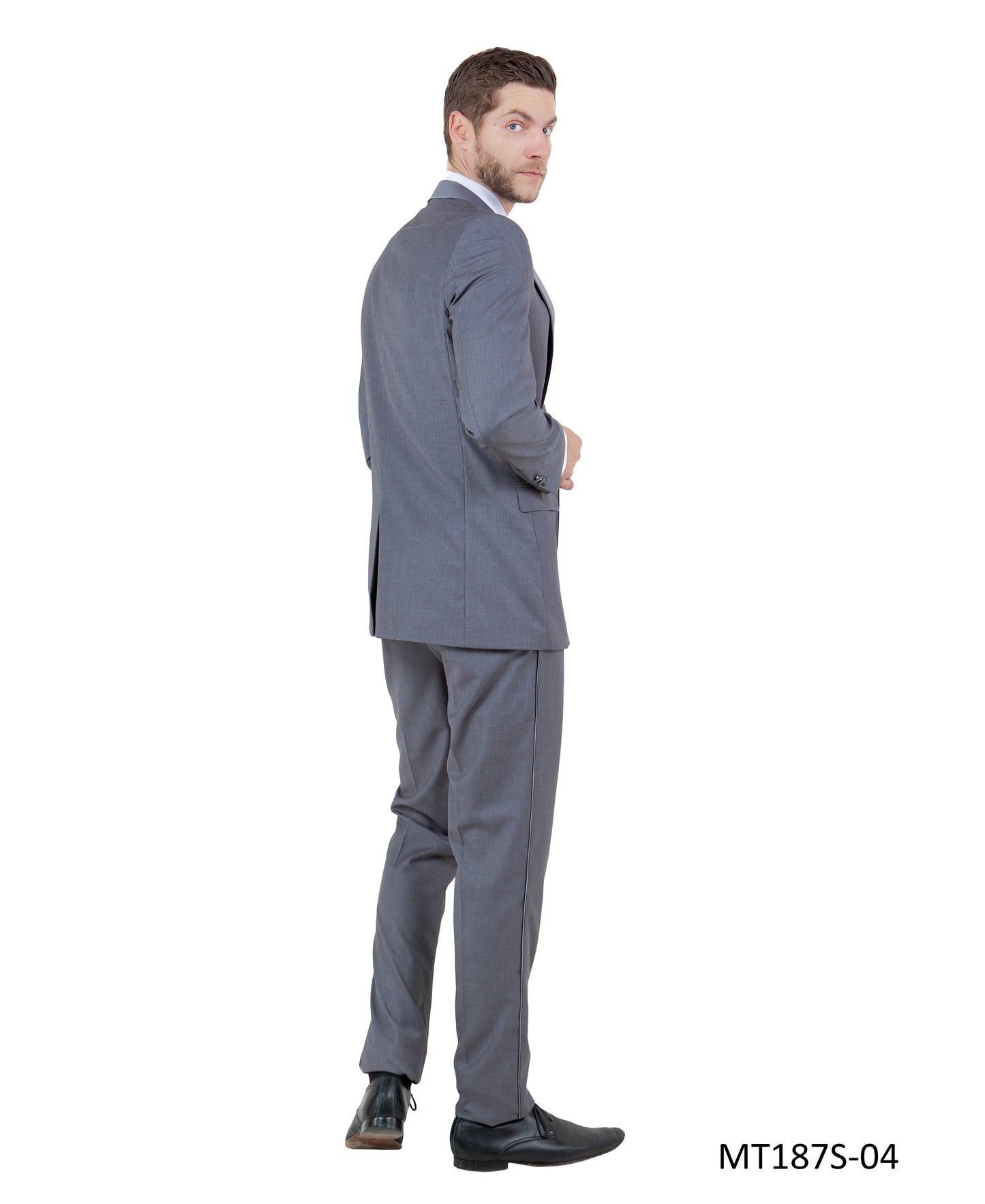 Grey on Grey Satin Peak Lapel With Fabric Trim Slim Fit 2 Piece Bryan Michaels Men's Tuxedo