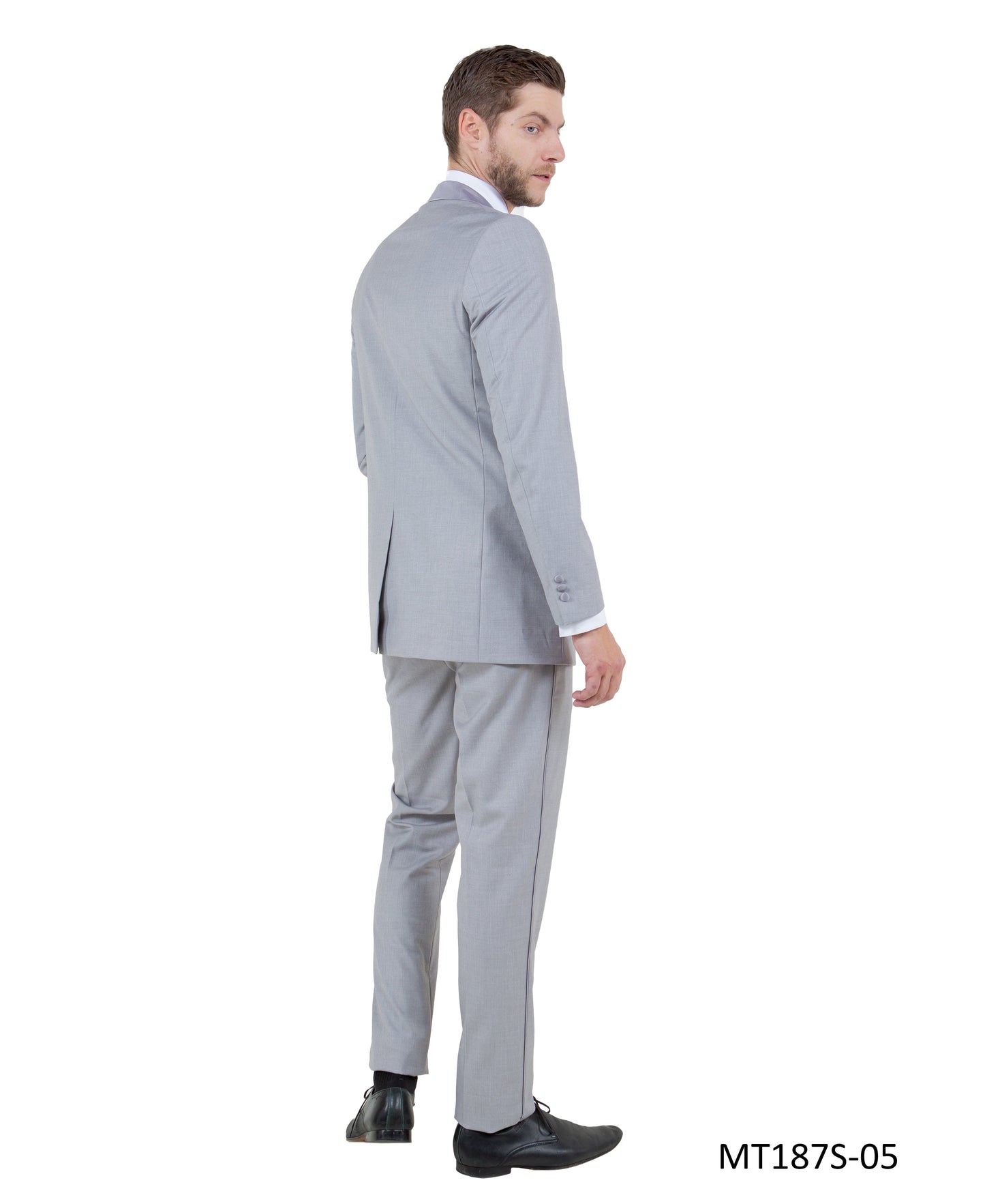Light Grey on Light Grey Satin Peak Lapel With Fabric Trim Slim Fit 2 Piece Bryan Michaels Men's Tuxedo