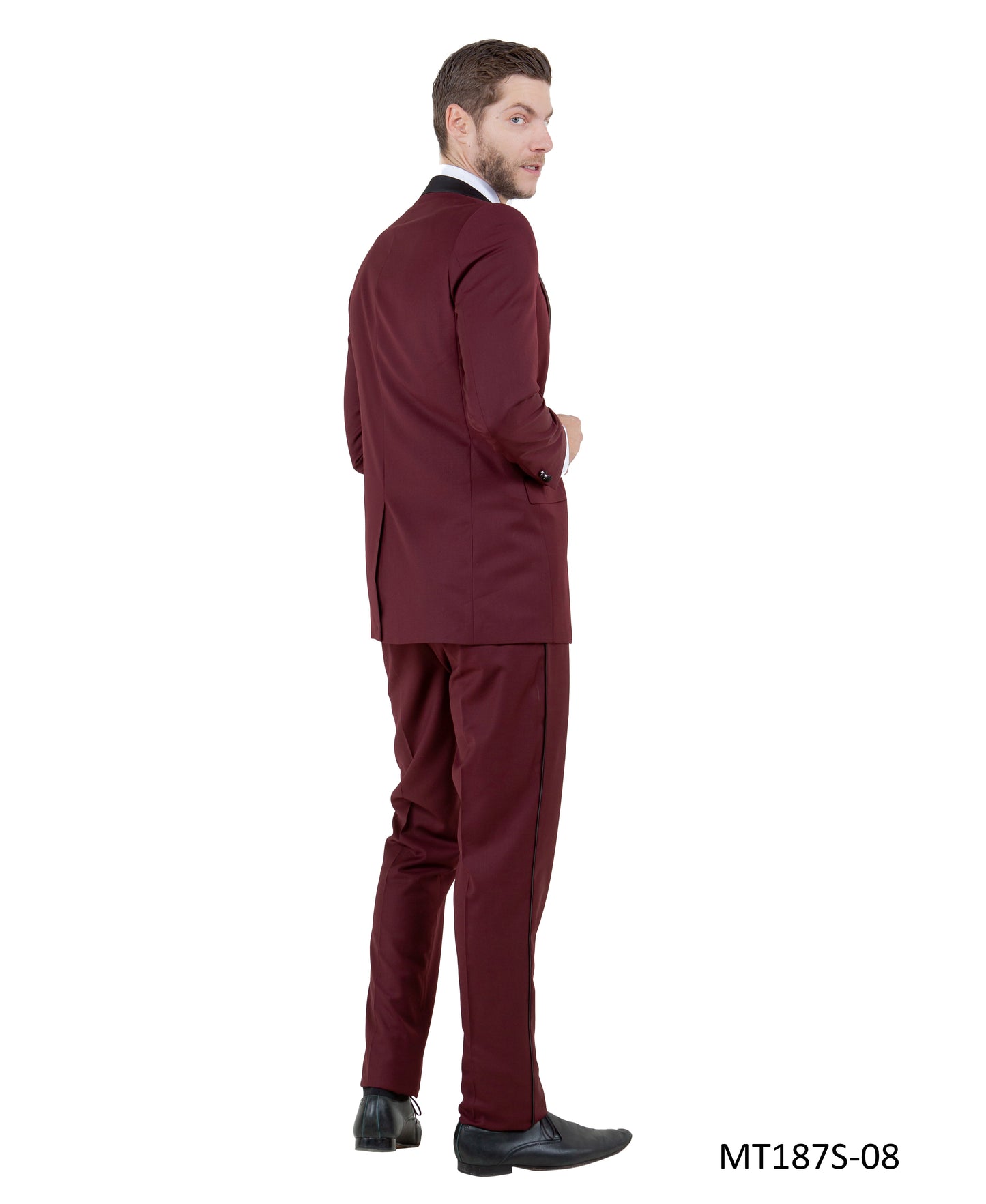 Burgundy on Black Satin Peak Lapel With Fabric Trim Slim Fit 2 Piece Bryan Michaels Men's Tuxedo