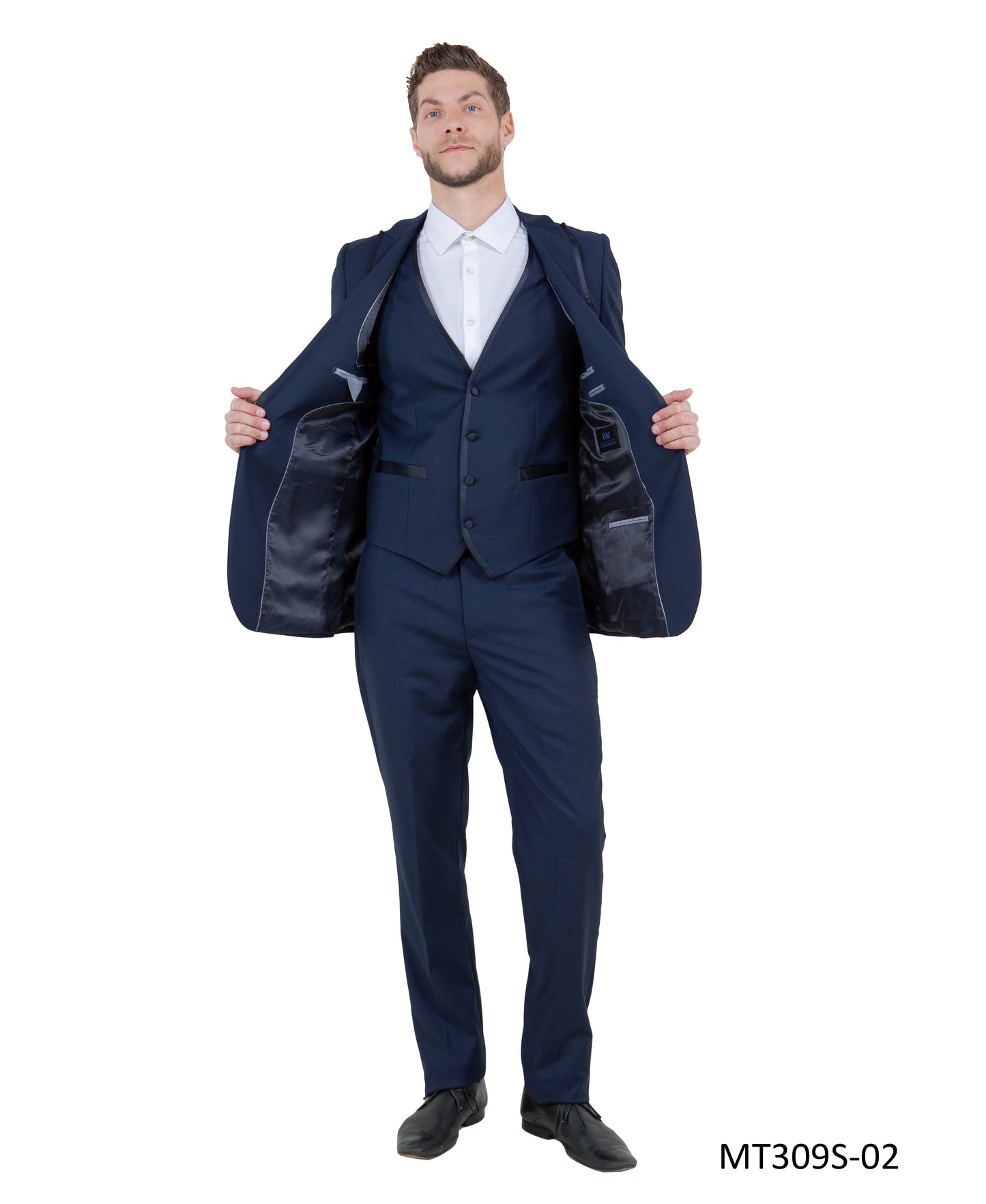 Navy on Navy Satin Peak Lapel With Satin Trim Slim Fit 2 Piece Tazzio Men's Tuxedo