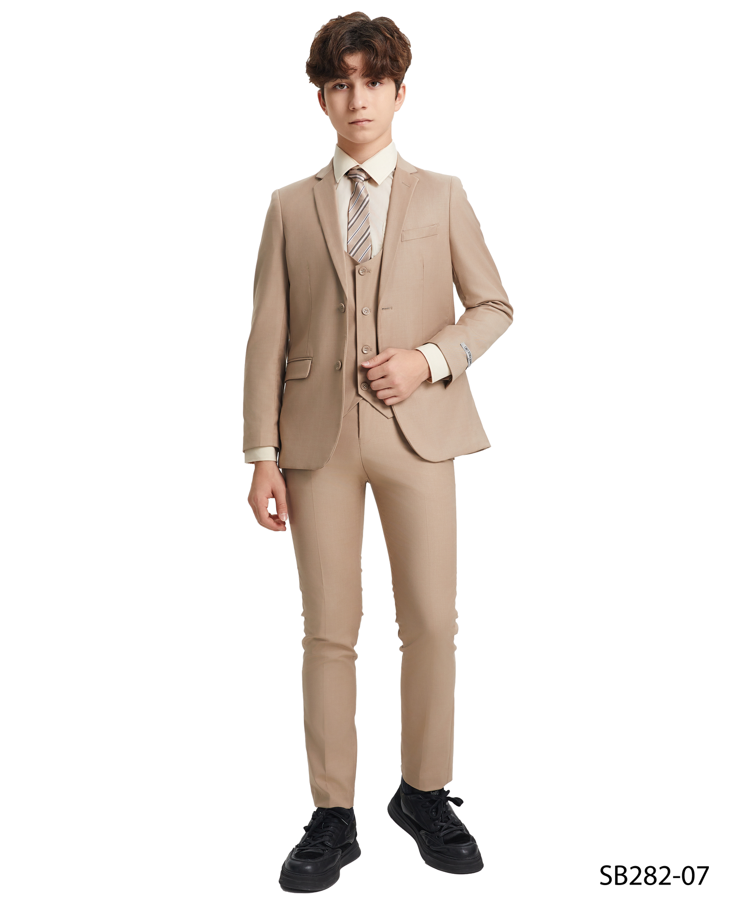 Solid Med Tan Notch Lapel 5 Piece Slim Fit Stacy Adams Boy's Suit