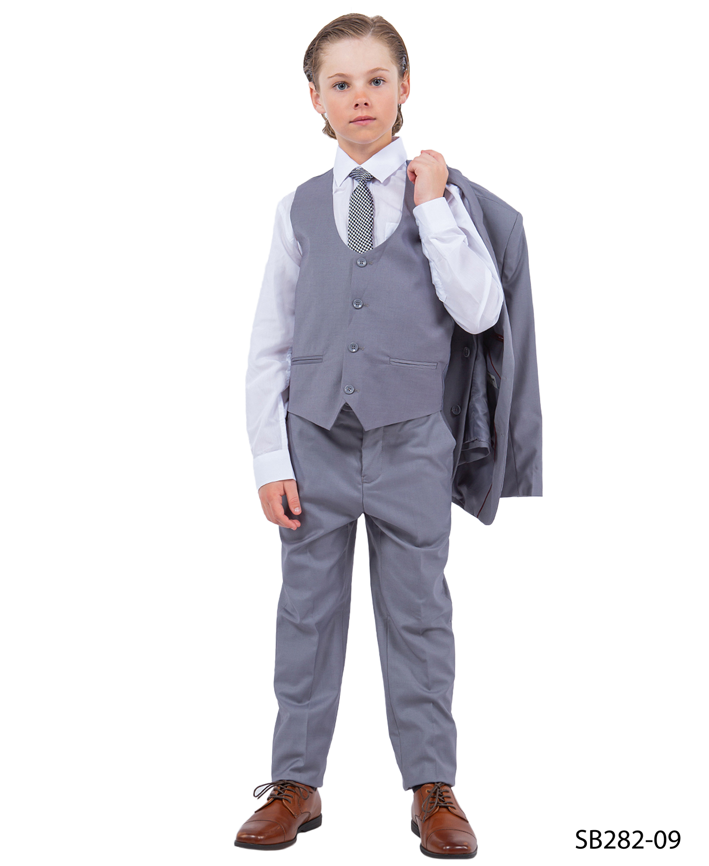 Solid Med Grey Notch Lapel 5 Piece Slim Fit Stacy Adams Boy's Suit