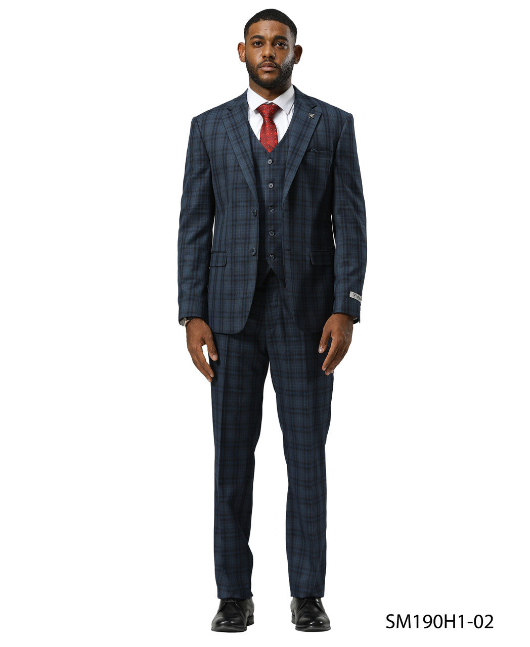Navy Glen Plaid 3 Piece Notch Lapel Stacy Adams Men's Suit