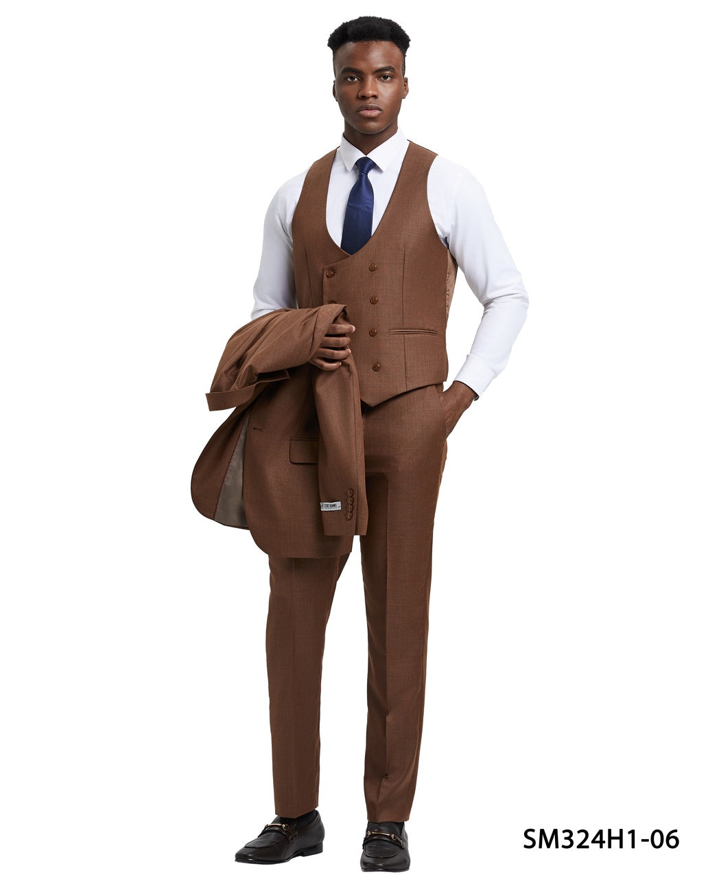 Solid Textured Sharkskin Cognac 3 Piece Notch Lapel Stacy Adams Men's Hybrid Suit
