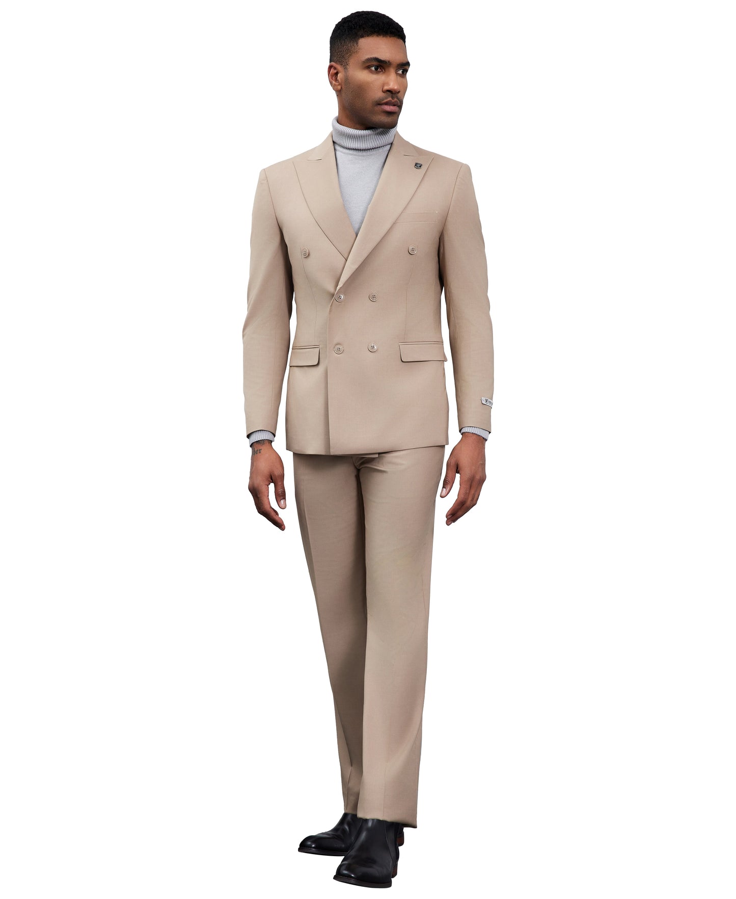 Solid Med Tan Double Breasted 2 Piece Notch Lapel Stacy Adams Men's Hybrid Suit
