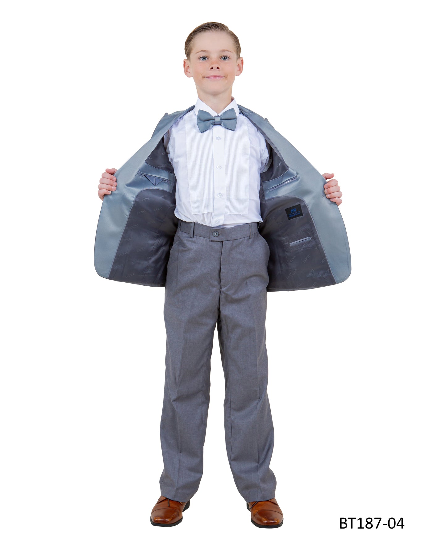 Grey Peak Lapel With Grey Satin Trim 5 Piece Modern Fit Tazzio Boy'sTuxedo