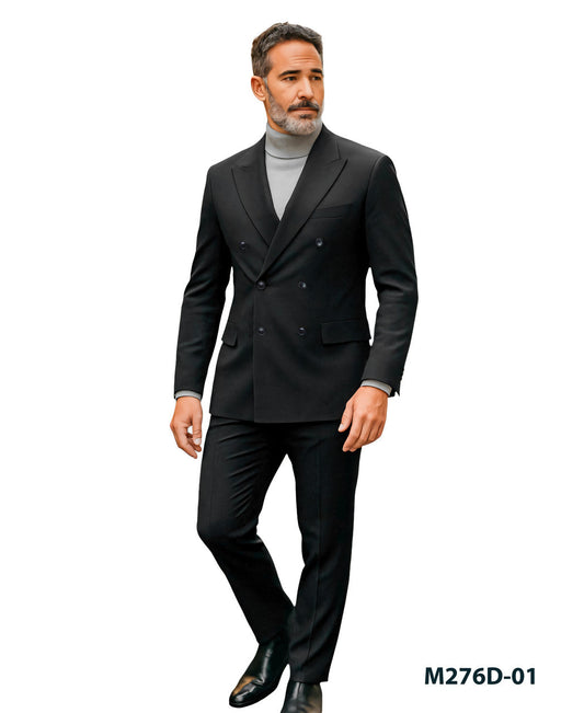 Solid Black Notch Lapel Double Breasted 2 Piece Slim Fit Azzuro Men's Suit