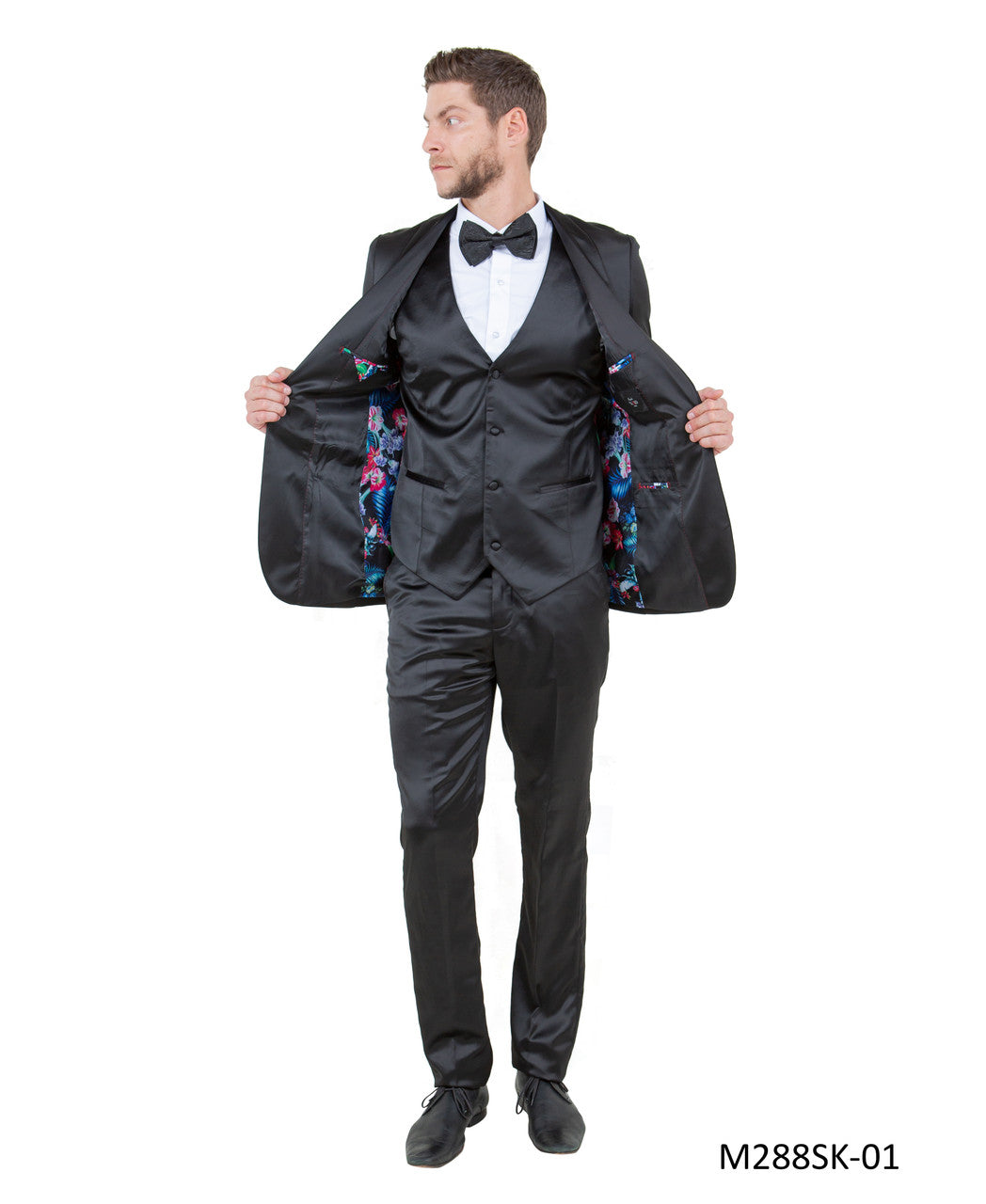 Satin Black/Black w/ Shawl Linning Trim Lapel 3 Piece Fashion Men's Suit