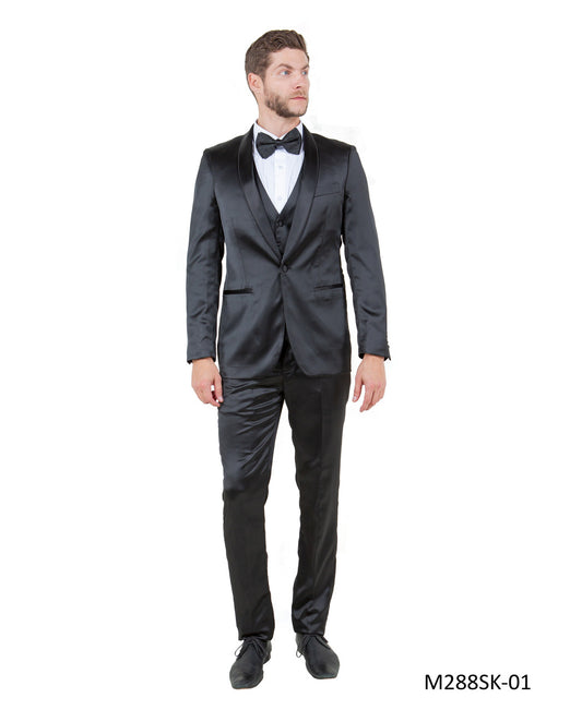 Satin Black/Black w/ Shawl Linning Trim Lapel 3 Piece Fashion Men's Suit