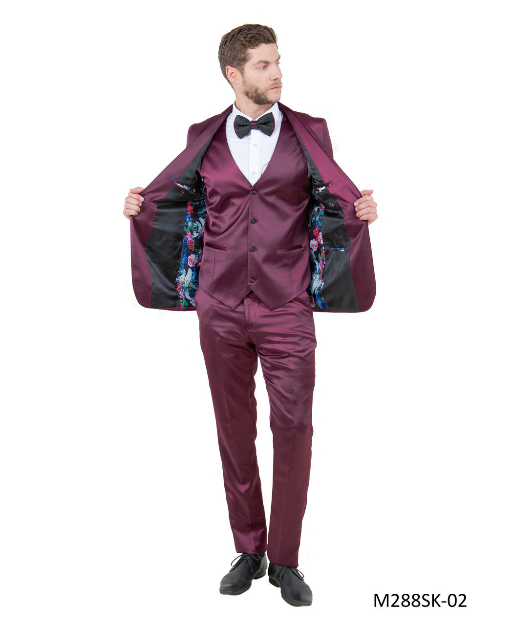 Satin Burgundy/Black w/ Shawl Linning Trim Lapel 3 Piece Fashion Men's Suit
