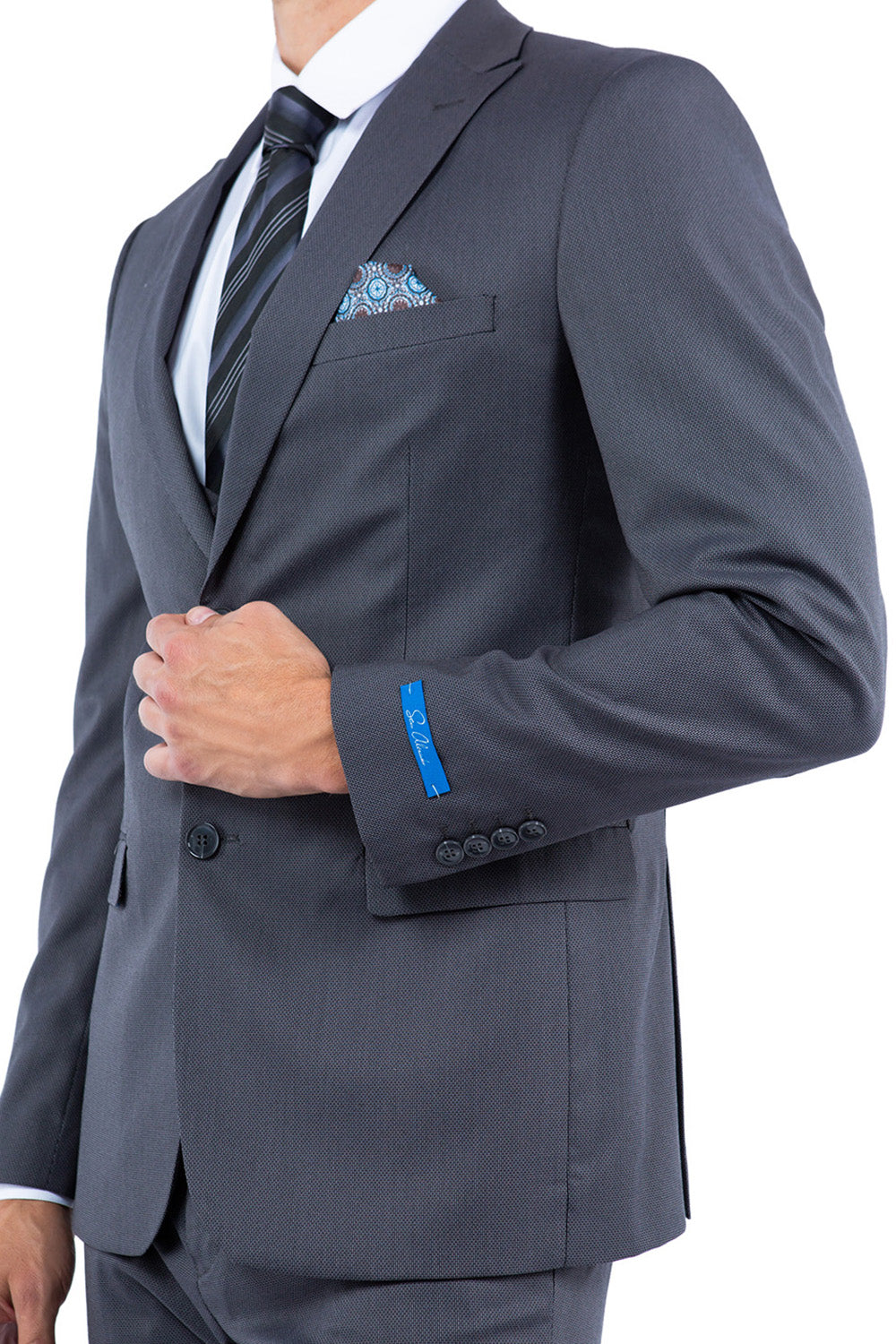 Solid Grey Nail Head Fabric Peak Lapel 3 Piece Hybrid Fit Sean Alexander Men's Suit