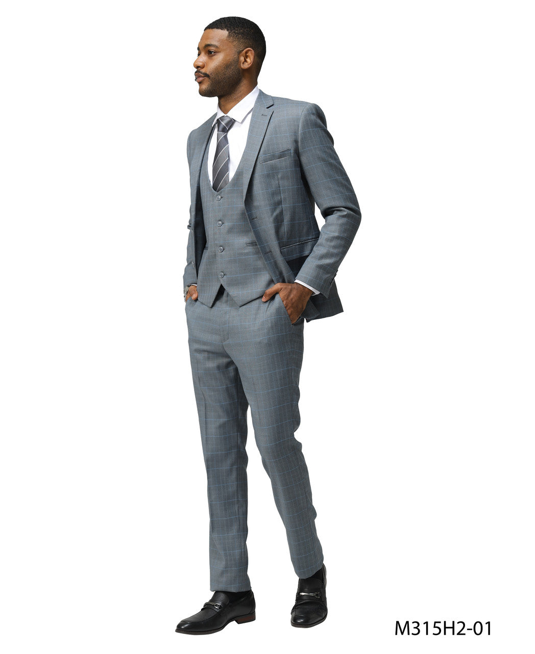 Grey Plaid Notch Lapel 3 Piece Hybrid Fit Sean Alexander Men's Suit