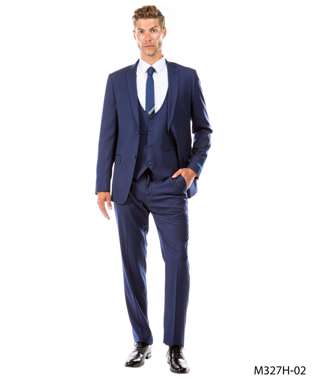 Dark Blue Pinstriped Notch lapel 3 Piece Hybrid Fit Sean Alexander Men's Suit