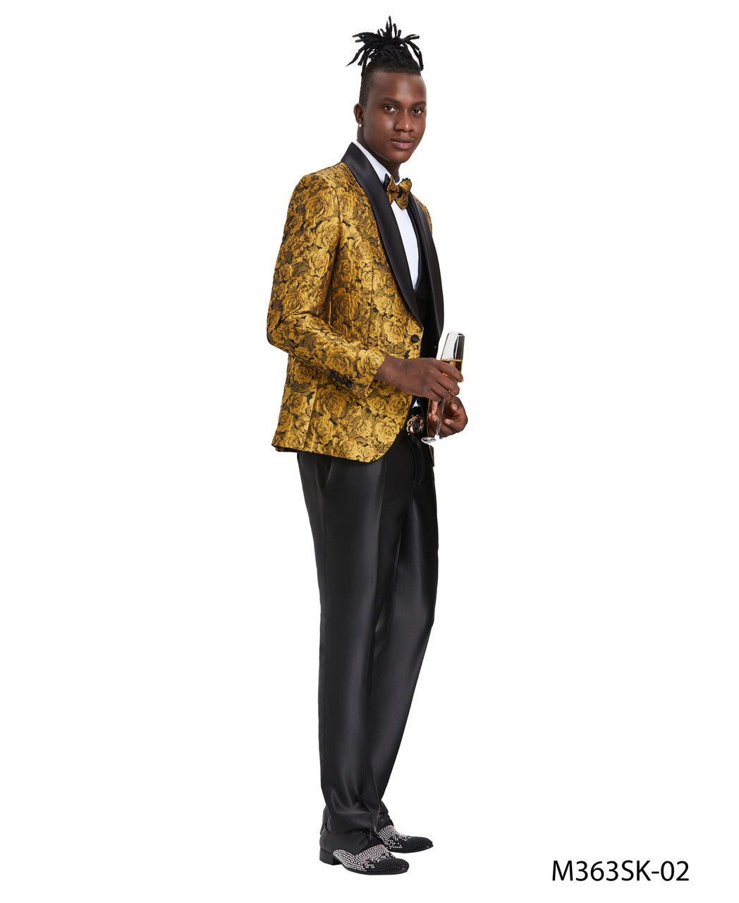 Gold/Black Paisley Double Breasted Vest Wide Shawl Lapel 3 Piece Skinny Fit Tazzio Men's Suit With Matching BowTie