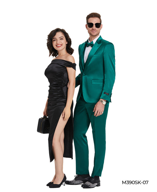 Green Satin Texture Double Breasted Vest Peak Lapel 3 Piece Skinny Fit Tazzio Men's Suit With Matching Bowtie