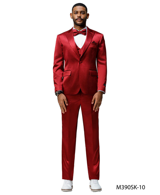 Burgundy Satin Texture Double Breasted Vest Peak Lapel 3 Piece Skinny Fit Tazzio Men's Suit With Matching Bowtie