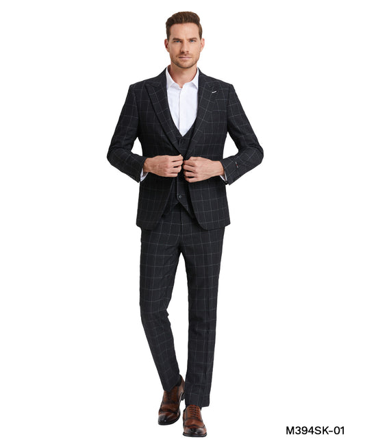 Charcoal Windowpane Wide Peak Lapel 3 Piece Skinny Fit Men's Suit