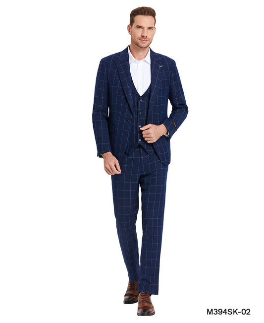 Blue Windowpane Wide Peak Lapel 3 Piece Skinny Fit Men's Suit