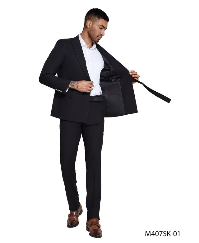 Black Peak Lapel With Belt In Jacket  2 Piece Skinny Fit Tazzio Men's Suit