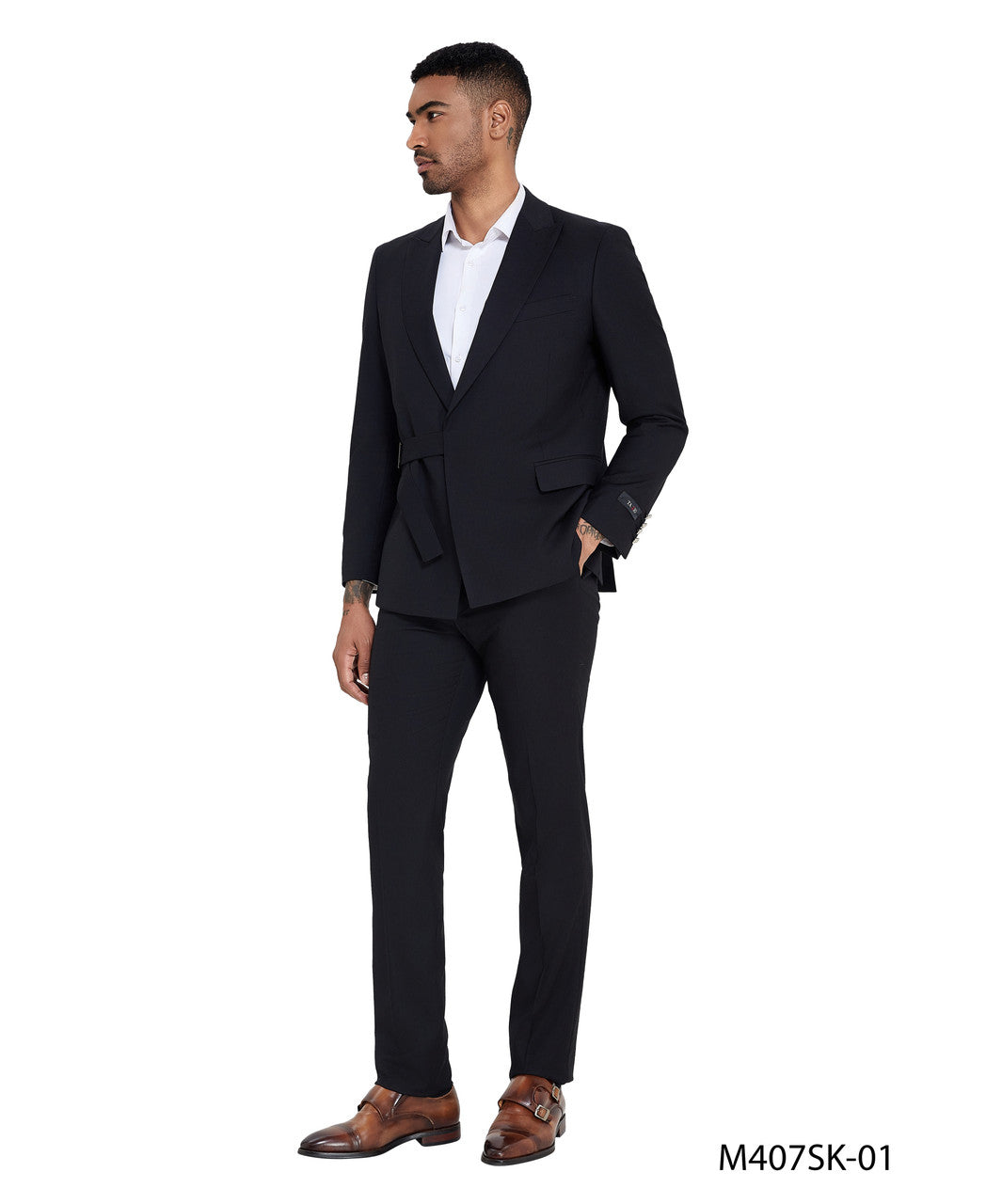 Black Peak Lapel With Belt In Jacket  2 Piece Skinny Fit Tazzio Men's Suit