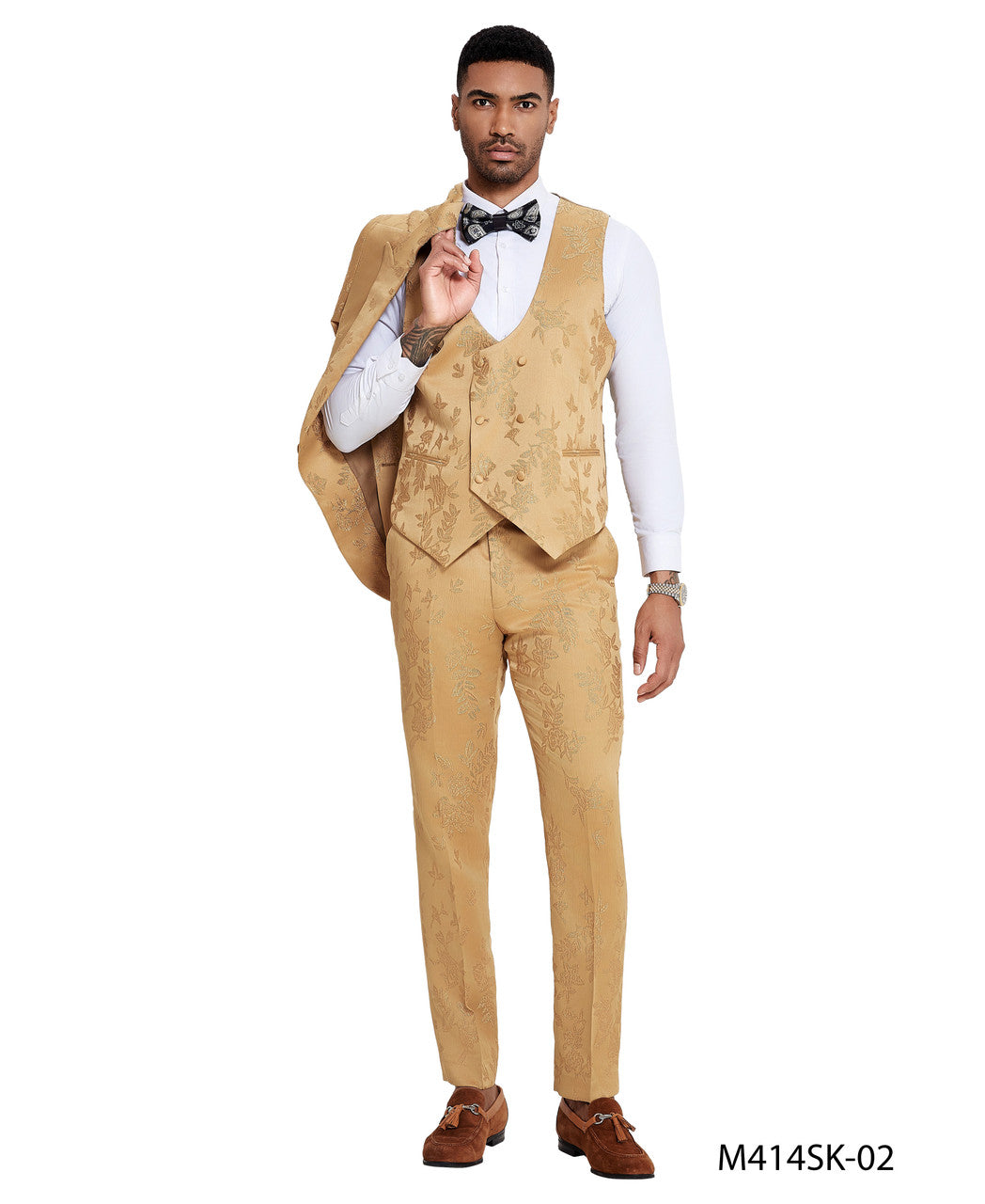 Gold Floral Wide Peak Lapel 3 Piece Double Breasted Vest Skinny Fit Ta –  Elite Gentlemen Outfits LLC