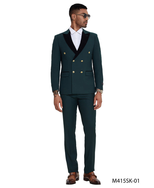 Green Double Breasted Velvet Peak Lapel 2 Piece Gold Buttons Skinny Fit Tazzio Men's Suit