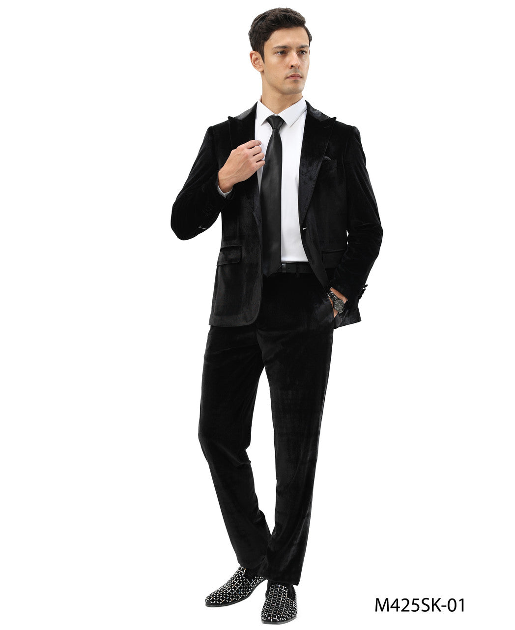 Black Velvet Peak Lapel 2 Piece Skinny Fit Tazzio Men's Suit