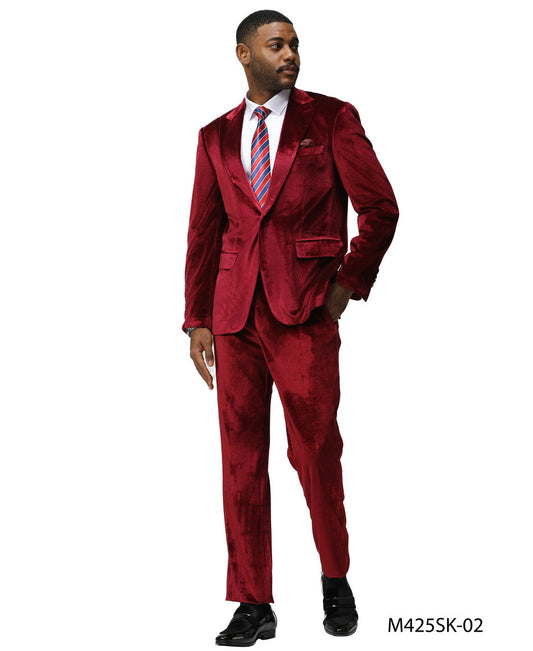 Burgundy Velvet Peak Lapel 2 Piece Skinny Fit Tazzio Men's Suit