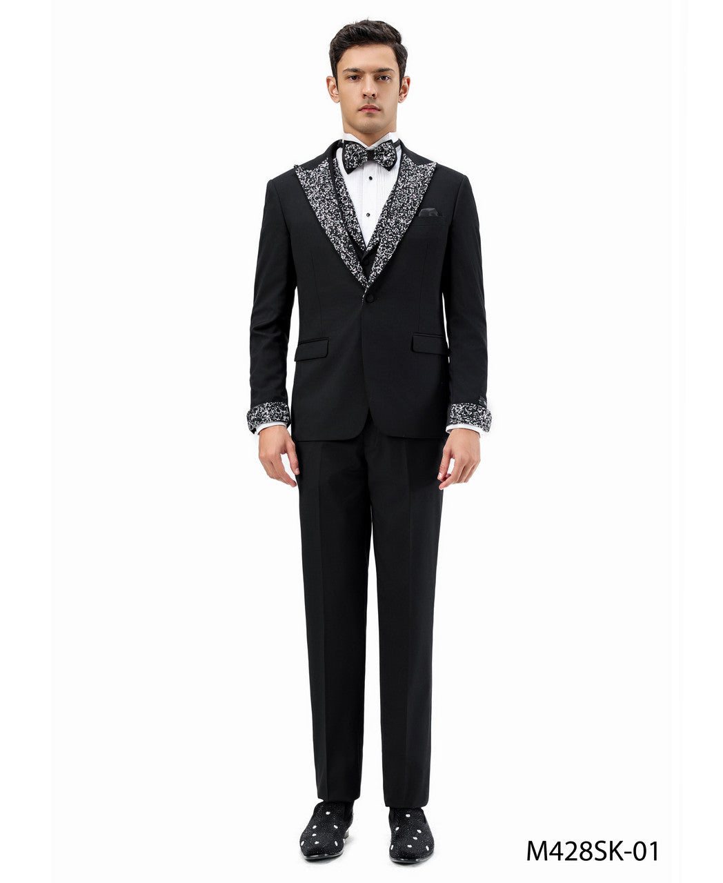 Black Stoned Peak Lapel 3 Piece Skinny Fit Men's Suit W/ Matching Bowtie