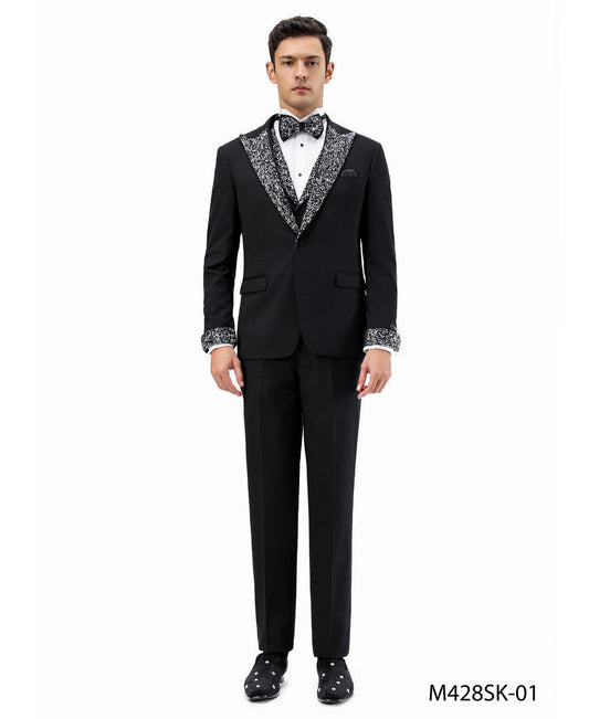 Black Stoned Peak Lapel 3 Piece Skinny Fit Men's Suit W/ Matching Bowtie