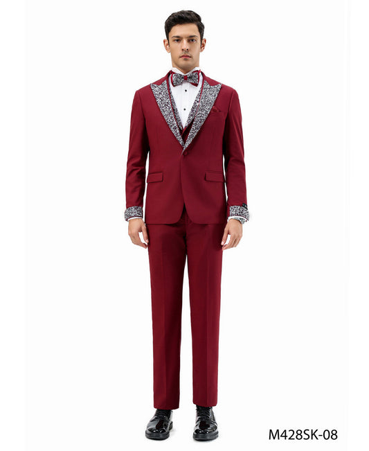 Burgundy Stoned Peak Lapel 3 Piece Skinny Fit Men's Suit W/ Matching Bowtie